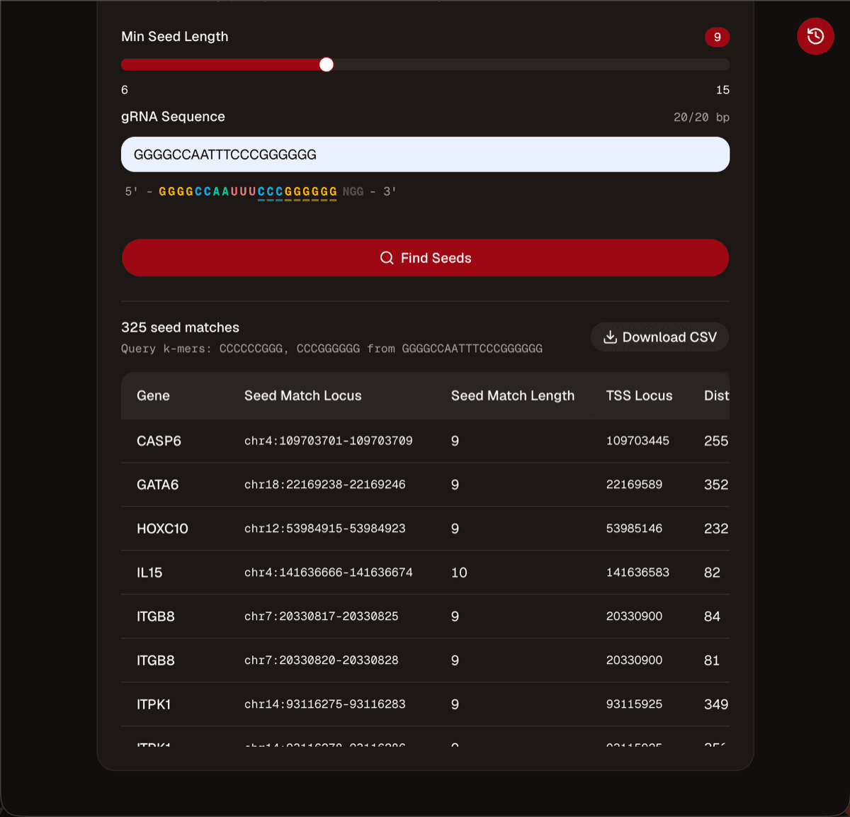 CRISPR Seed Finder screenshot